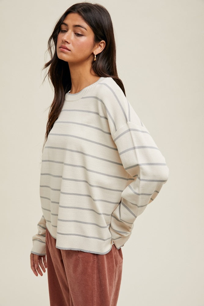 Cream Striped Drop Shoulder Sweater