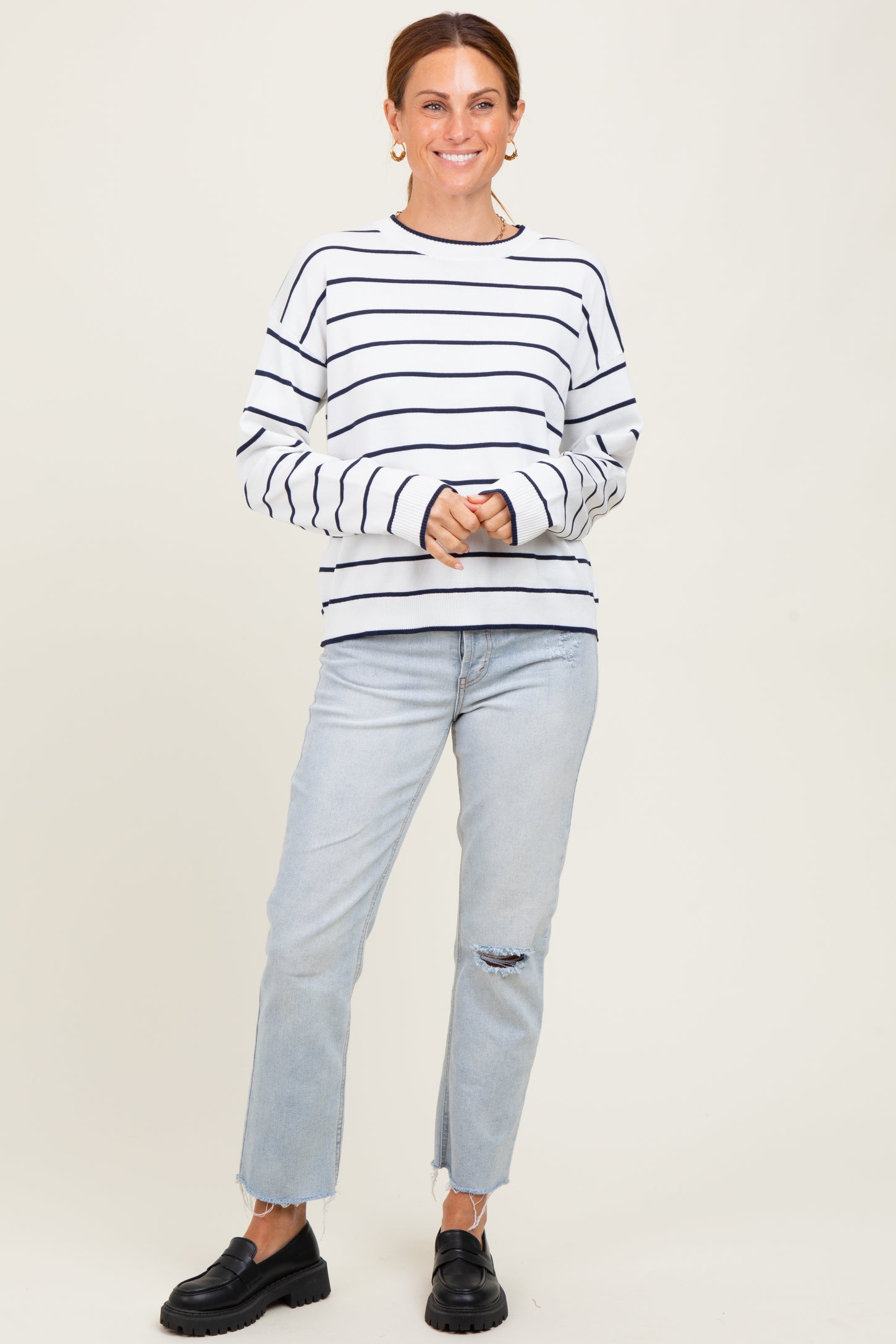 White Striped Drop Shoulder Sweater