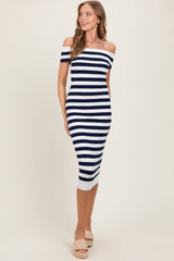 Navy Striped Off Shoulder Maternity Midi Sweater Dress