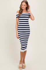 Navy Striped Off Shoulder Midi Sweater Dress