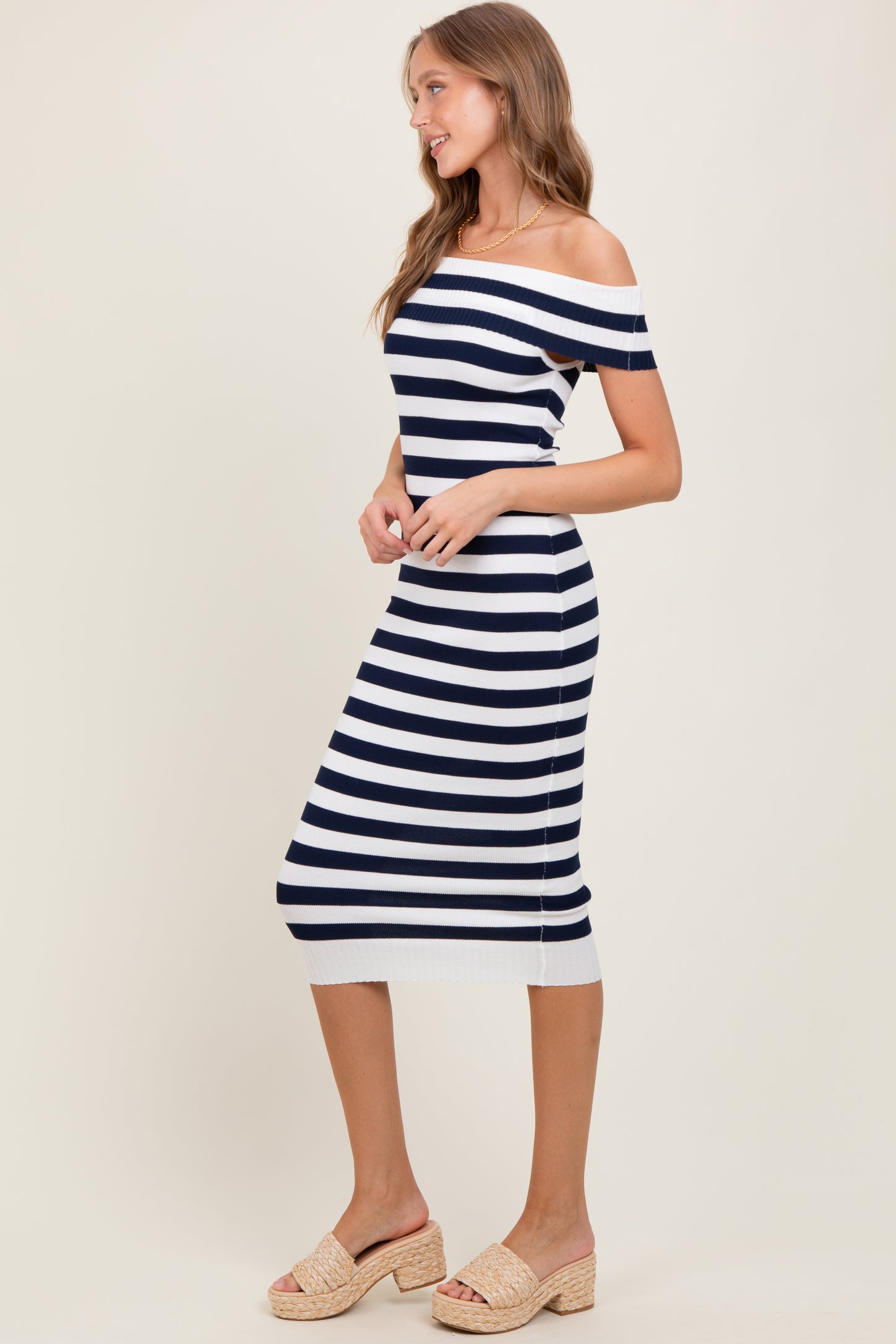 Navy Striped Off Shoulder Midi Sweater Dress
