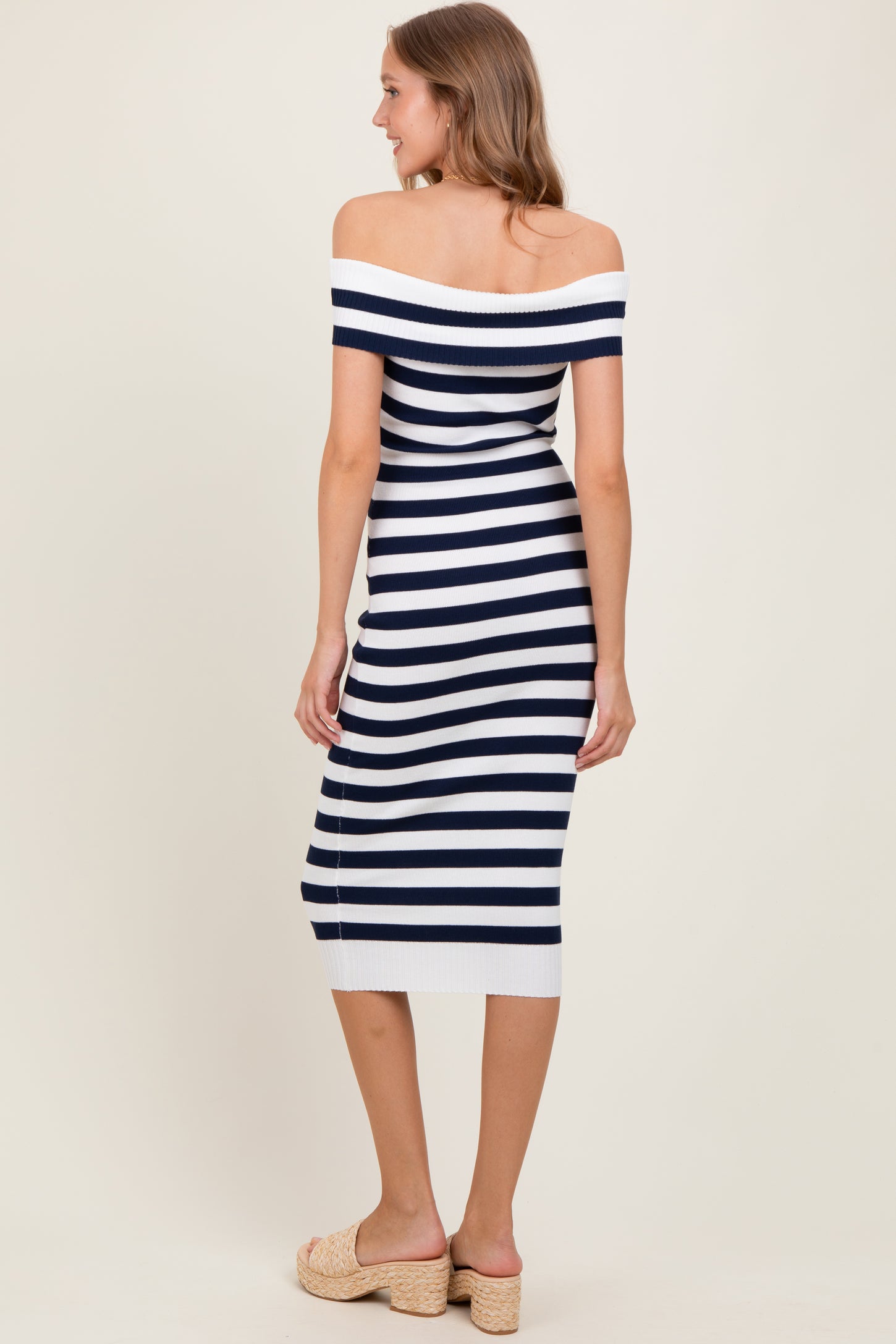 Navy Striped Off Shoulder Midi Sweater Dress