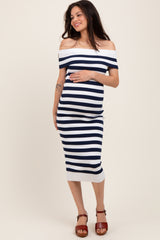 Navy Striped Off Shoulder Maternity Midi Sweater Dress
