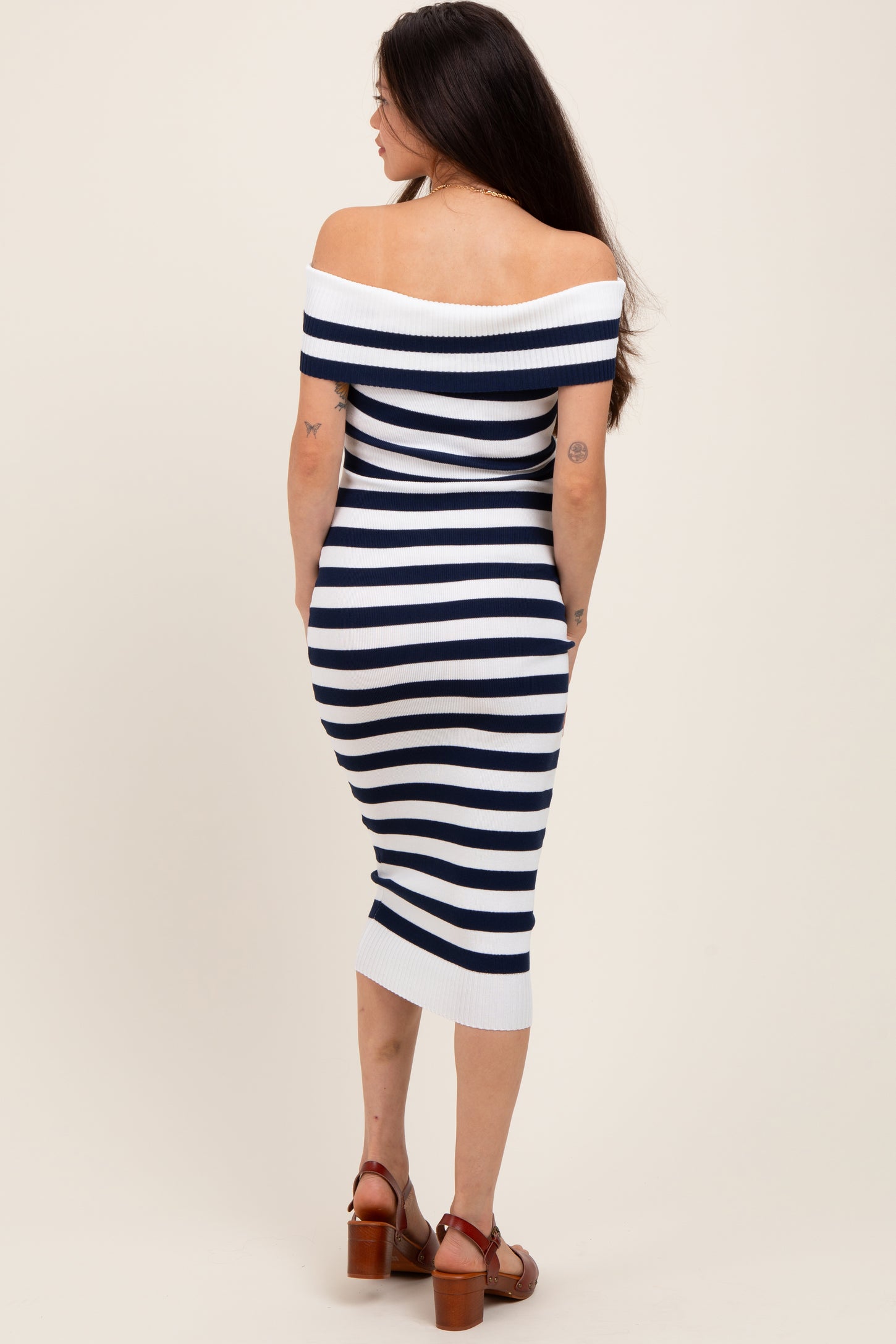 Navy Striped Off Shoulder Maternity Midi Sweater Dress