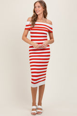 Red Striped Off Shoulder Midi Sweater Dress