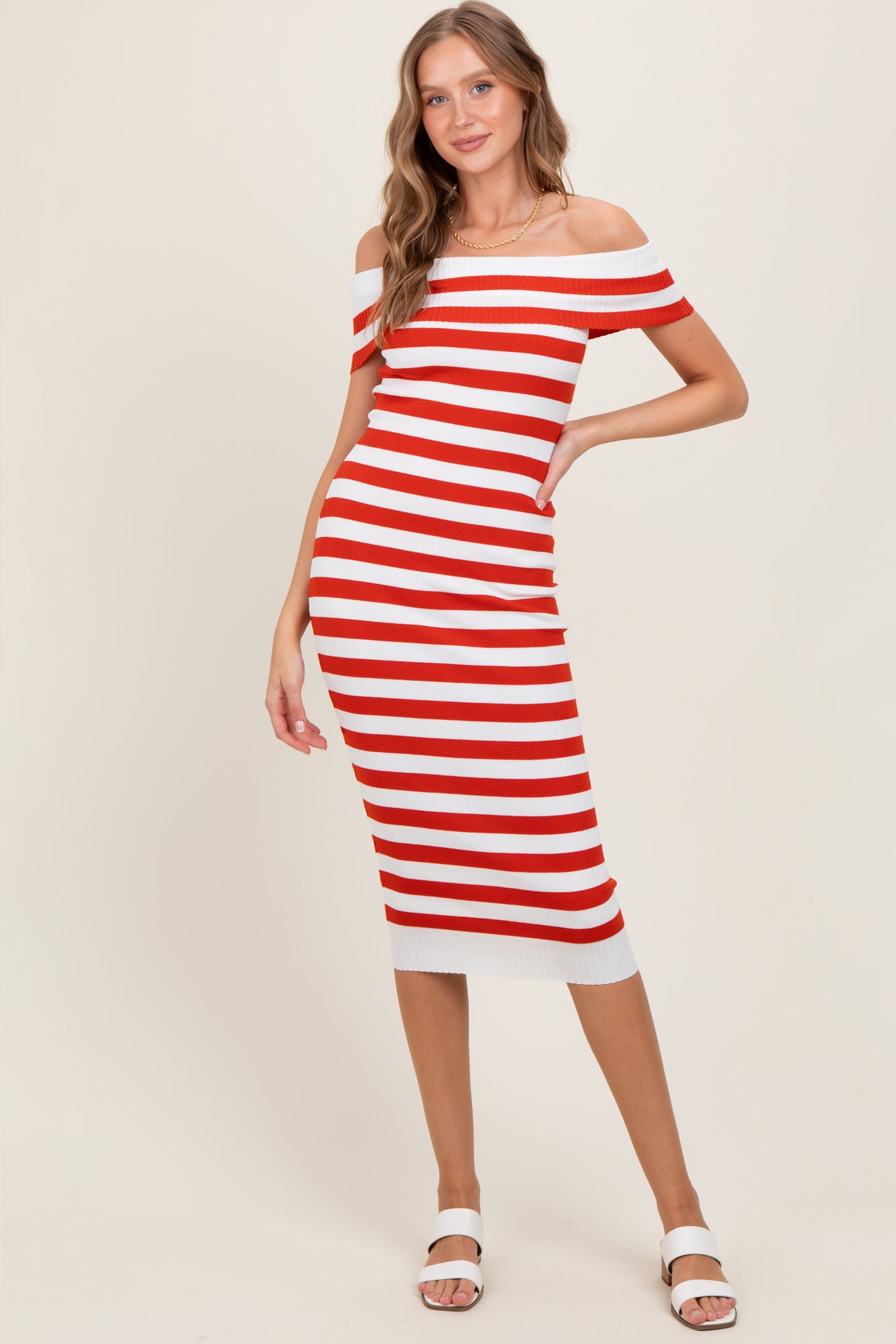 Red Striped Off Shoulder Midi Sweater Dress