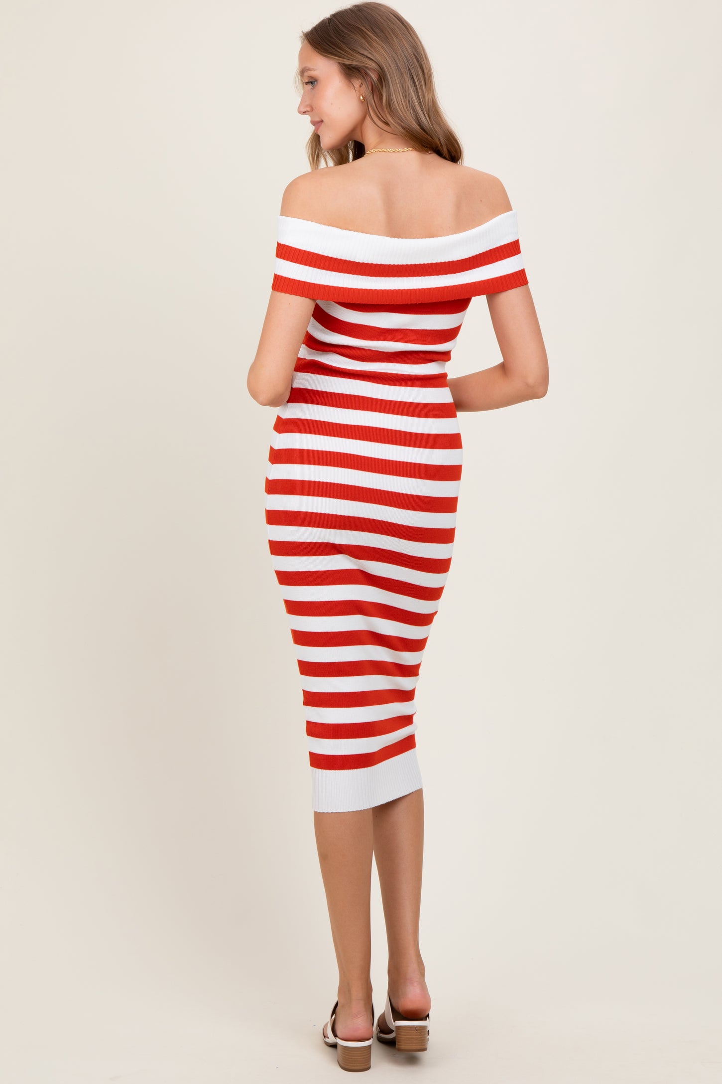 Red Striped Off Shoulder Midi Sweater Dress
