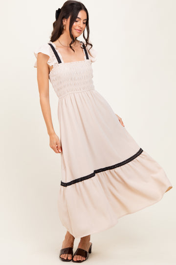 Beige Smocked Lace Detail Midi Dress