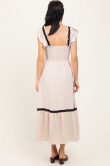 Beige Smocked Lace Detail Midi Dress