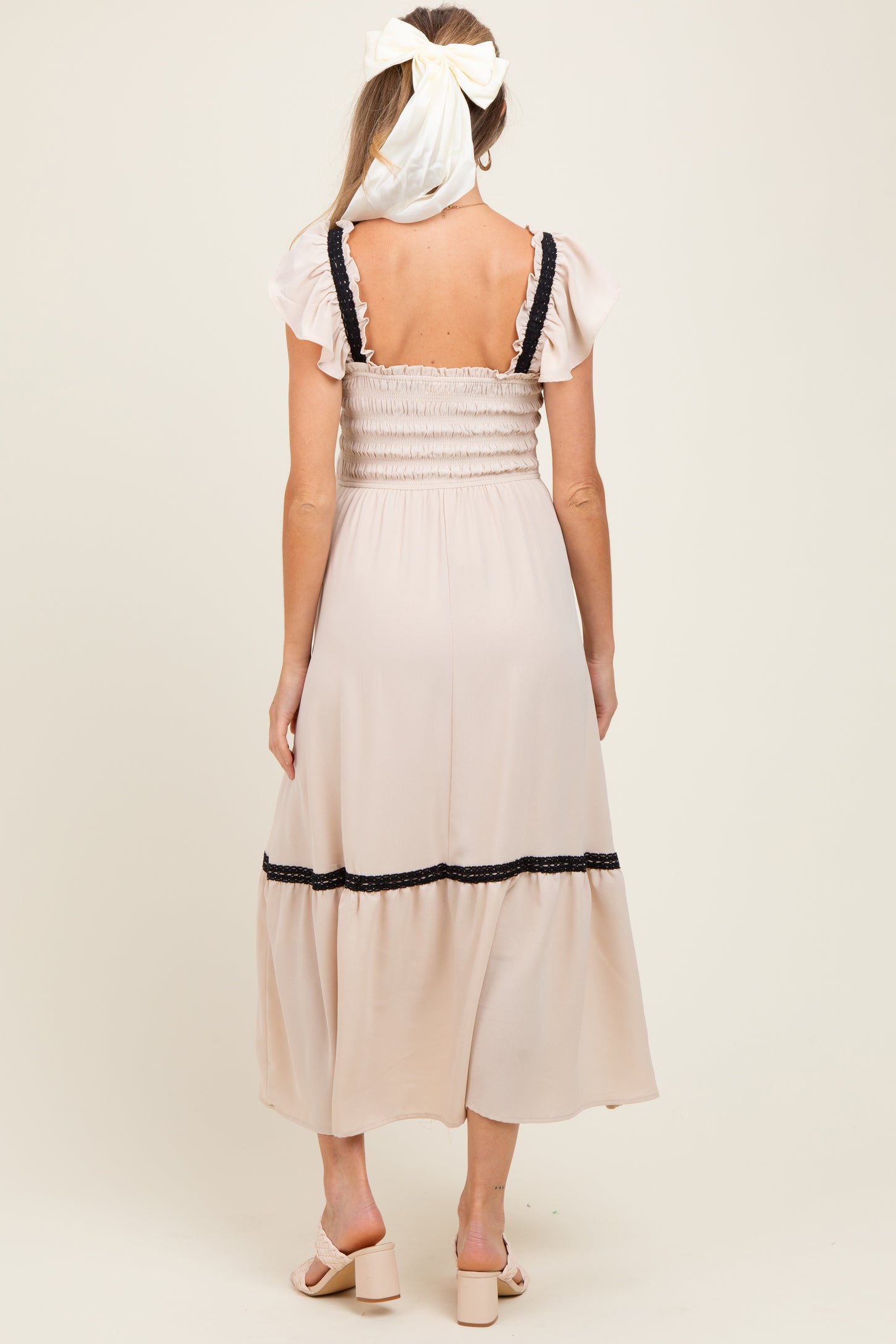 Beige  Smocked Lace Detail Maternity Midi Dress