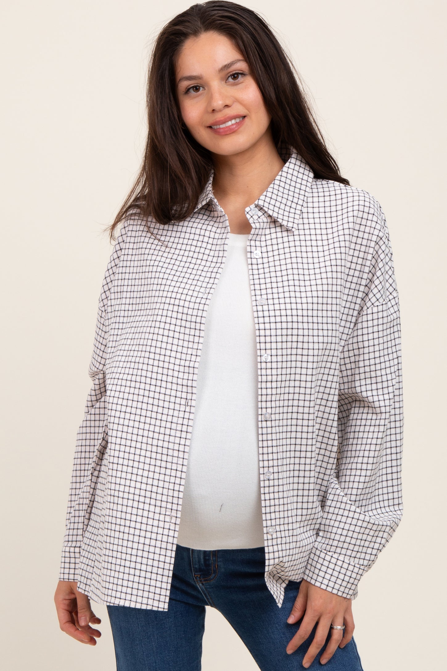 Ivory Checker Plaid Button Down Maternity Shirt