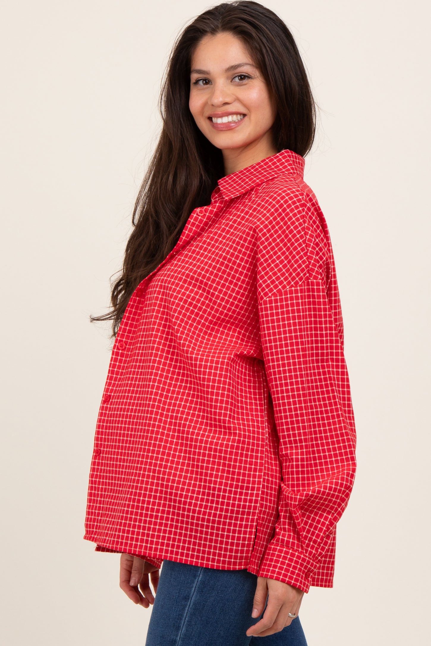 Red Checker Plaid Button Down Maternity Shirt