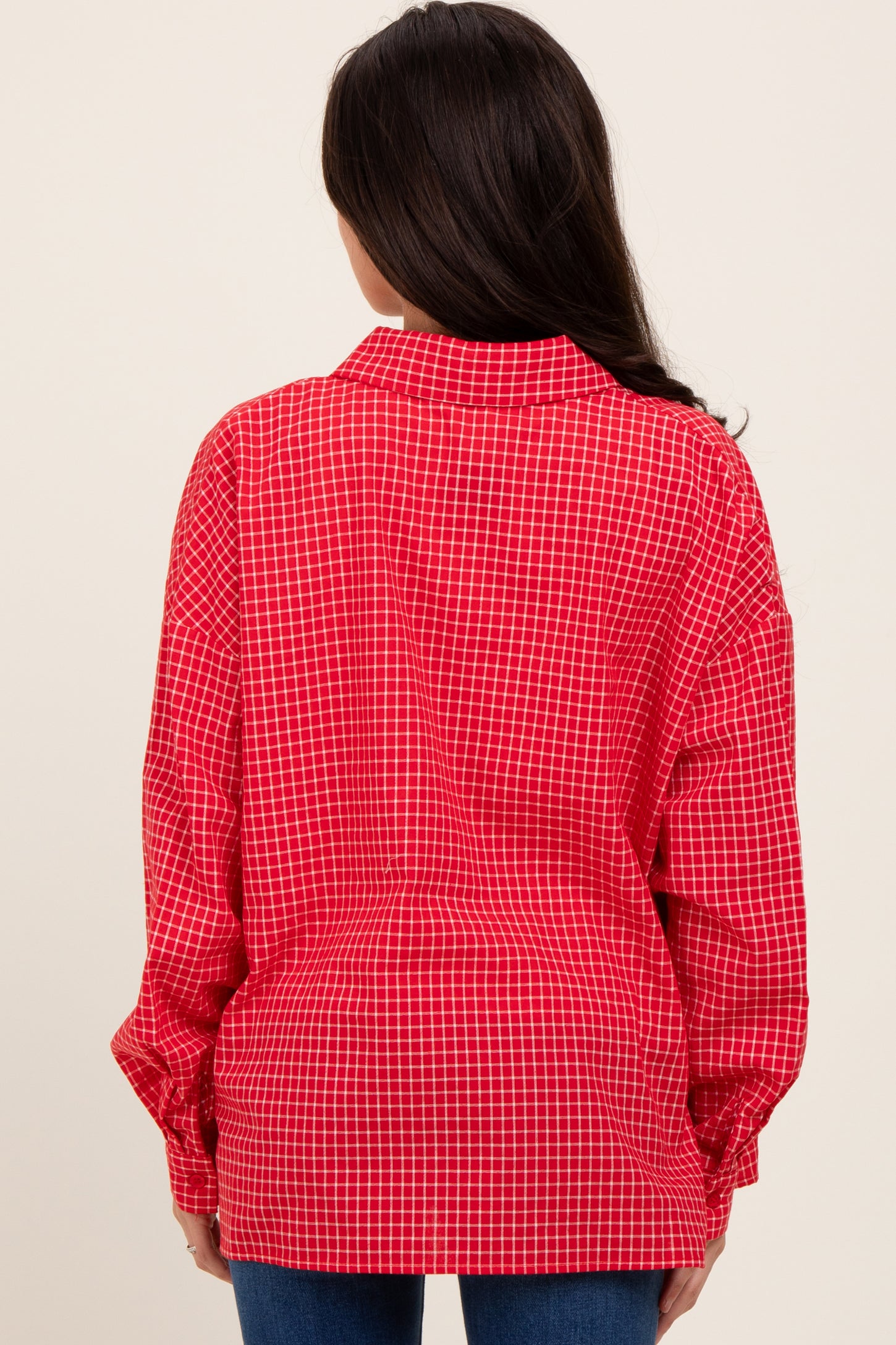 Red Checker Plaid Button Down Maternity Shirt