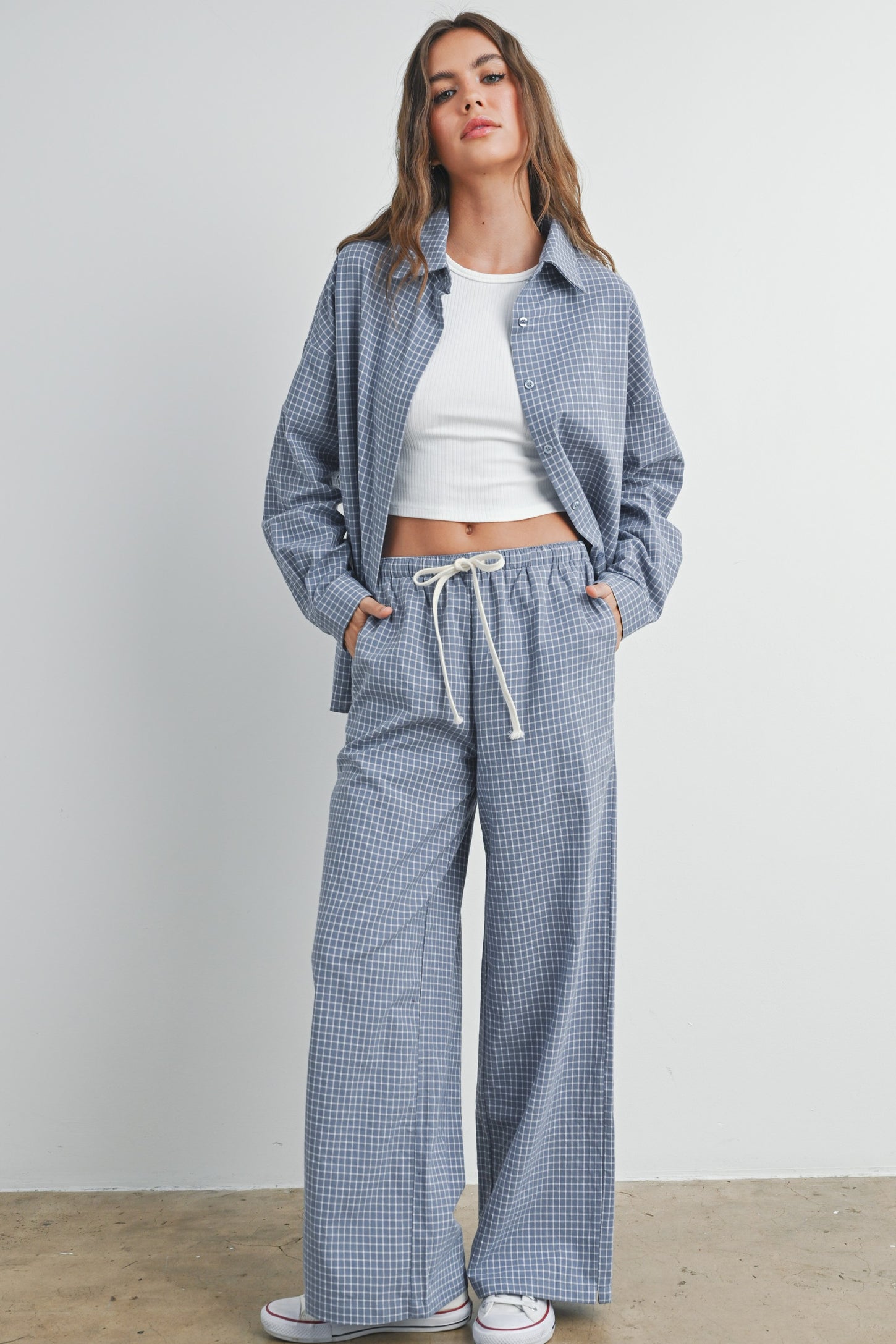 Blue Checker Plaid Button Down Maternity Shirt