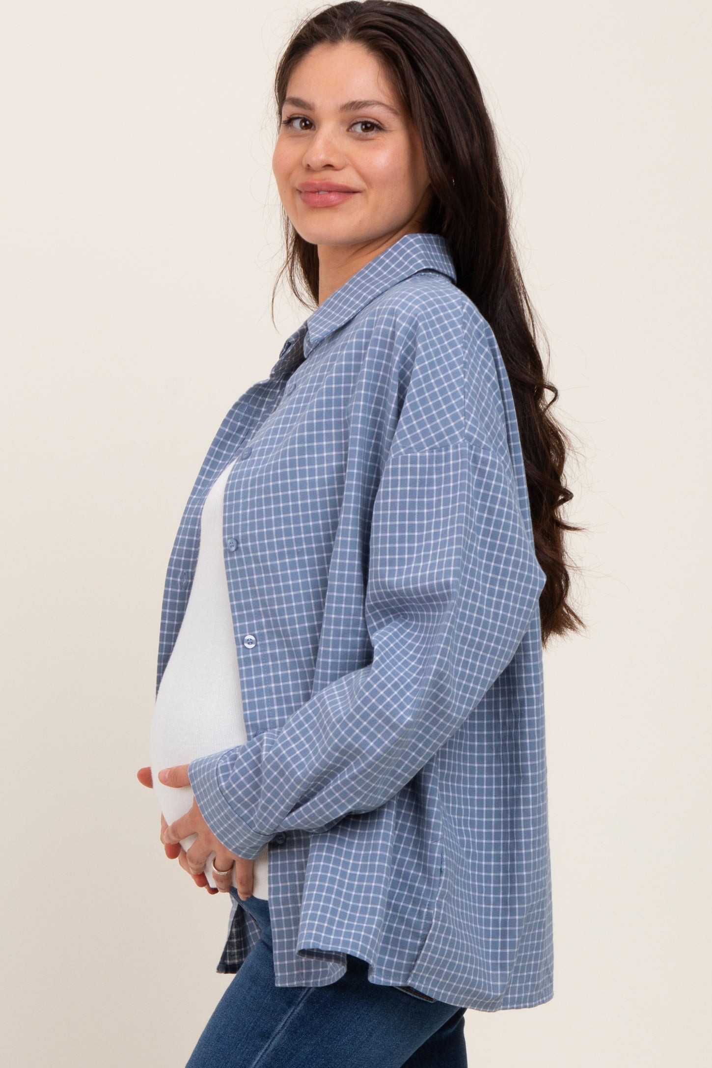 Blue Checker Plaid Button Down Maternity Shirt