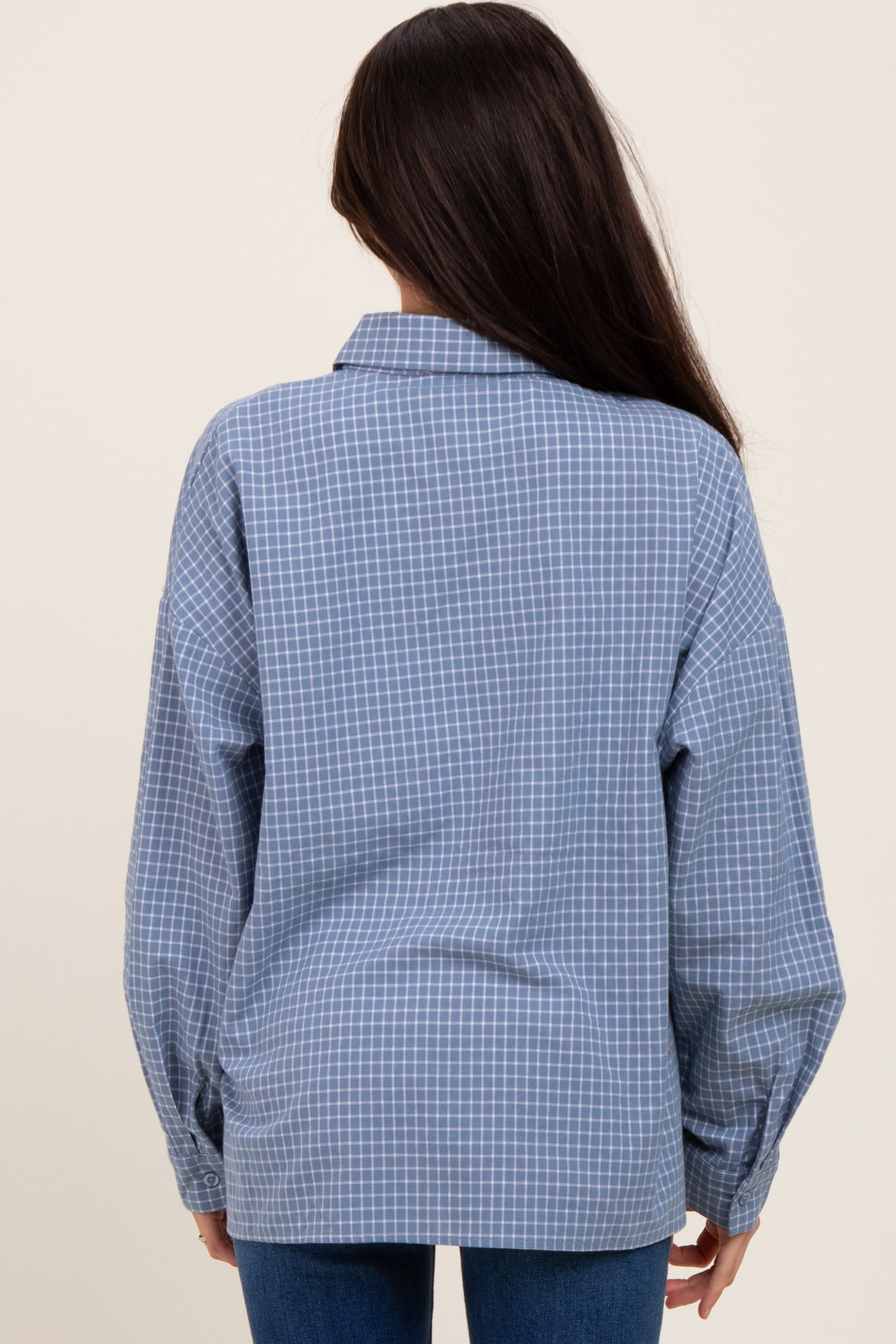 Blue Checker Plaid Button Down Maternity Shirt