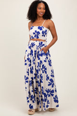 Royal Blue Floral Smocked Top With Maxi Skirt Set