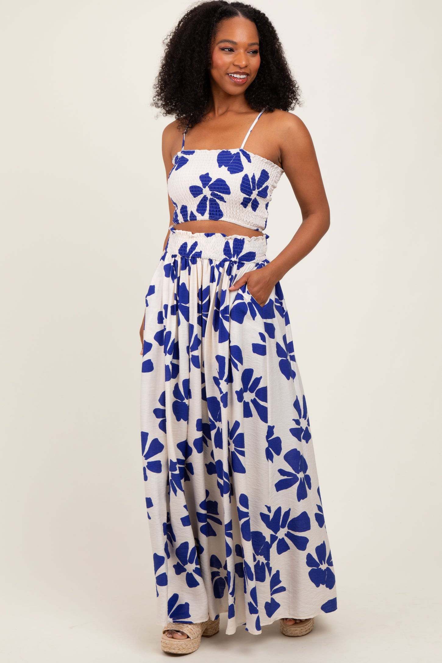 Royal Blue Floral Smocked Top With Maxi Skirt Maternity Set