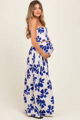 Royal Blue Floral Smocked Top With Maxi Skirt Maternity Set