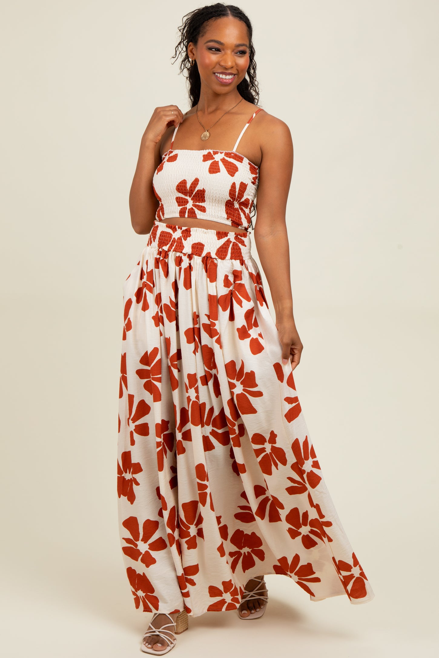 Rust Floral Smocked Top With Maxi Skirt Set