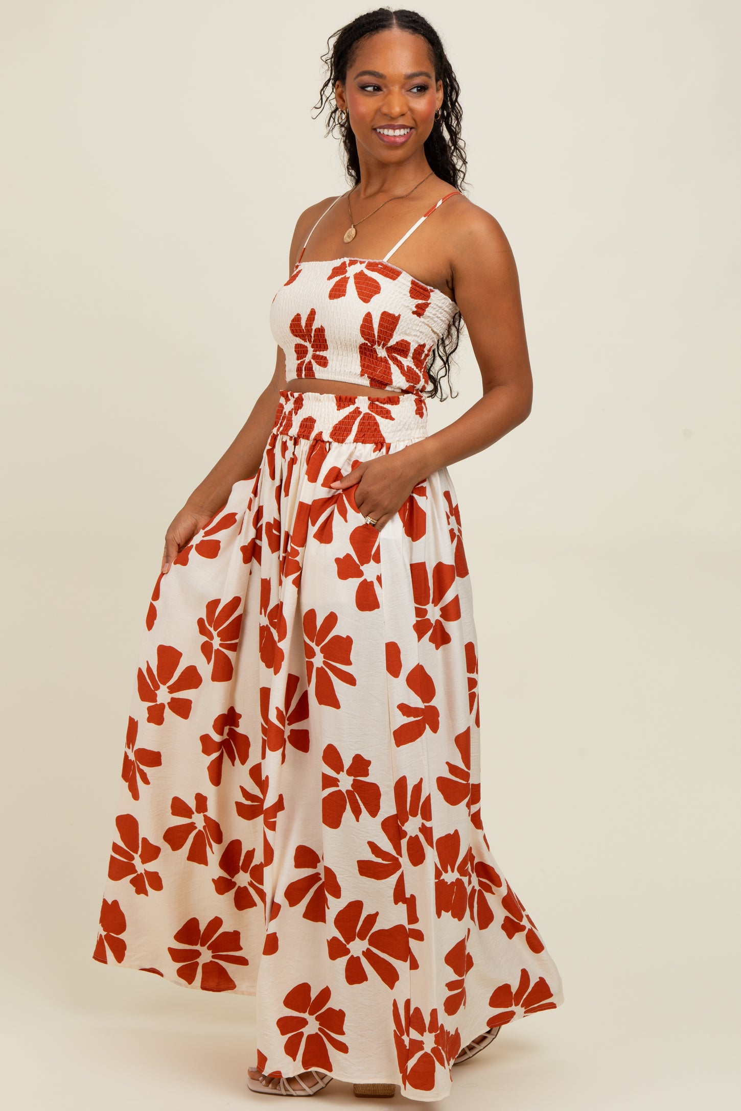 Rust Floral Smocked Top With Maxi Skirt Set