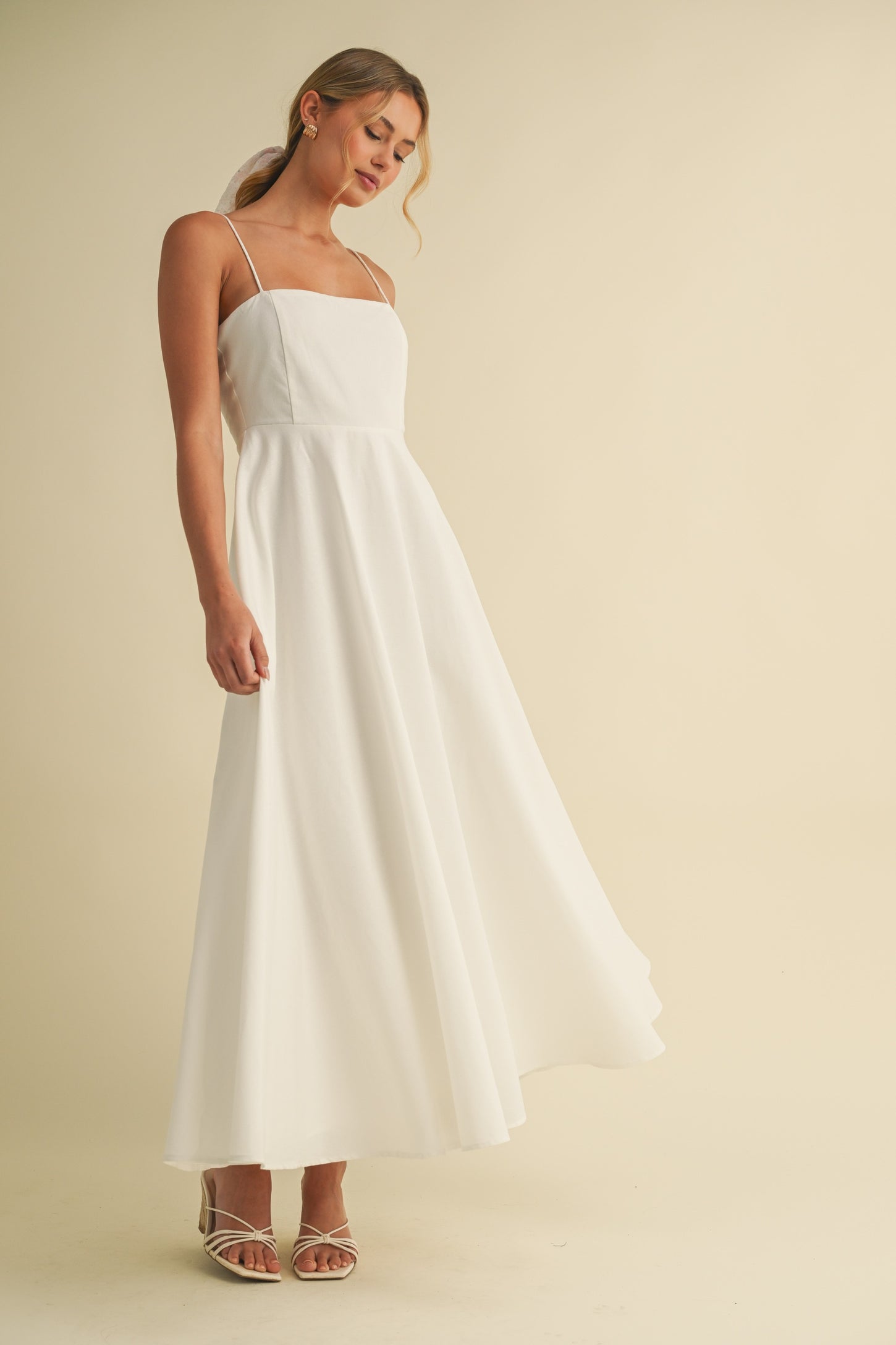 White Linen A-Line Flared Midi Dress