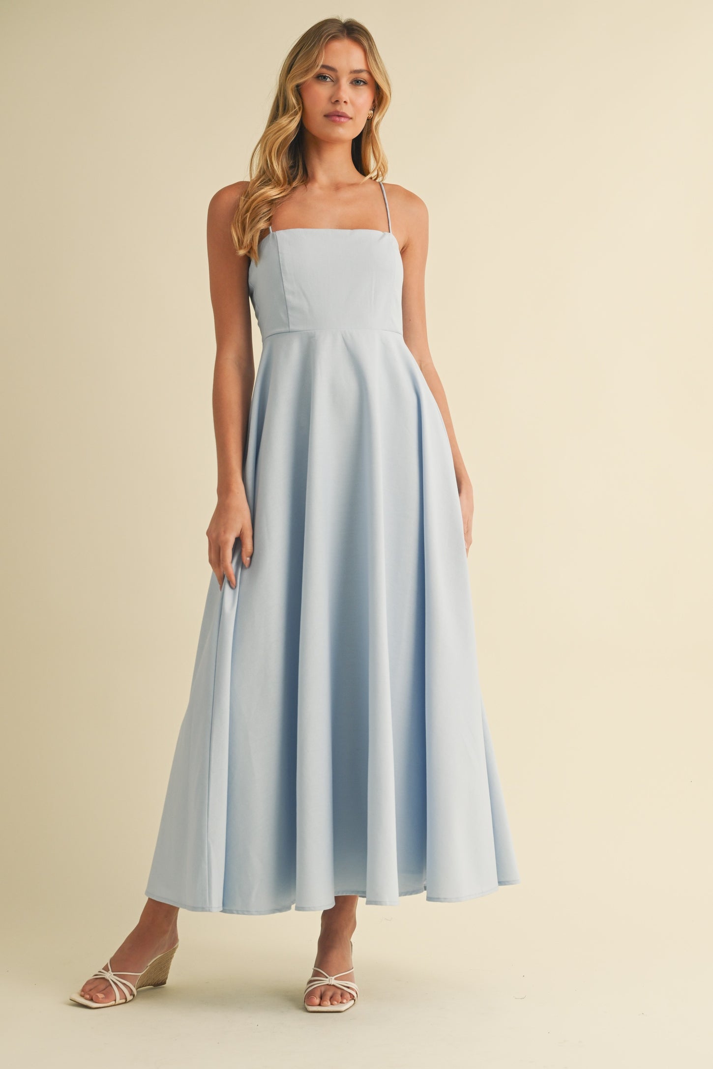 Light Blue Linen A-Line Flared Midi Dress