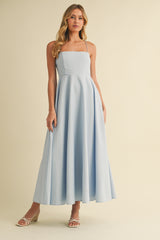 Light Blue Linen A-Line Flared Midi Dress