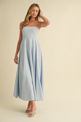 Light Blue Linen A-Line Flared Midi Dress