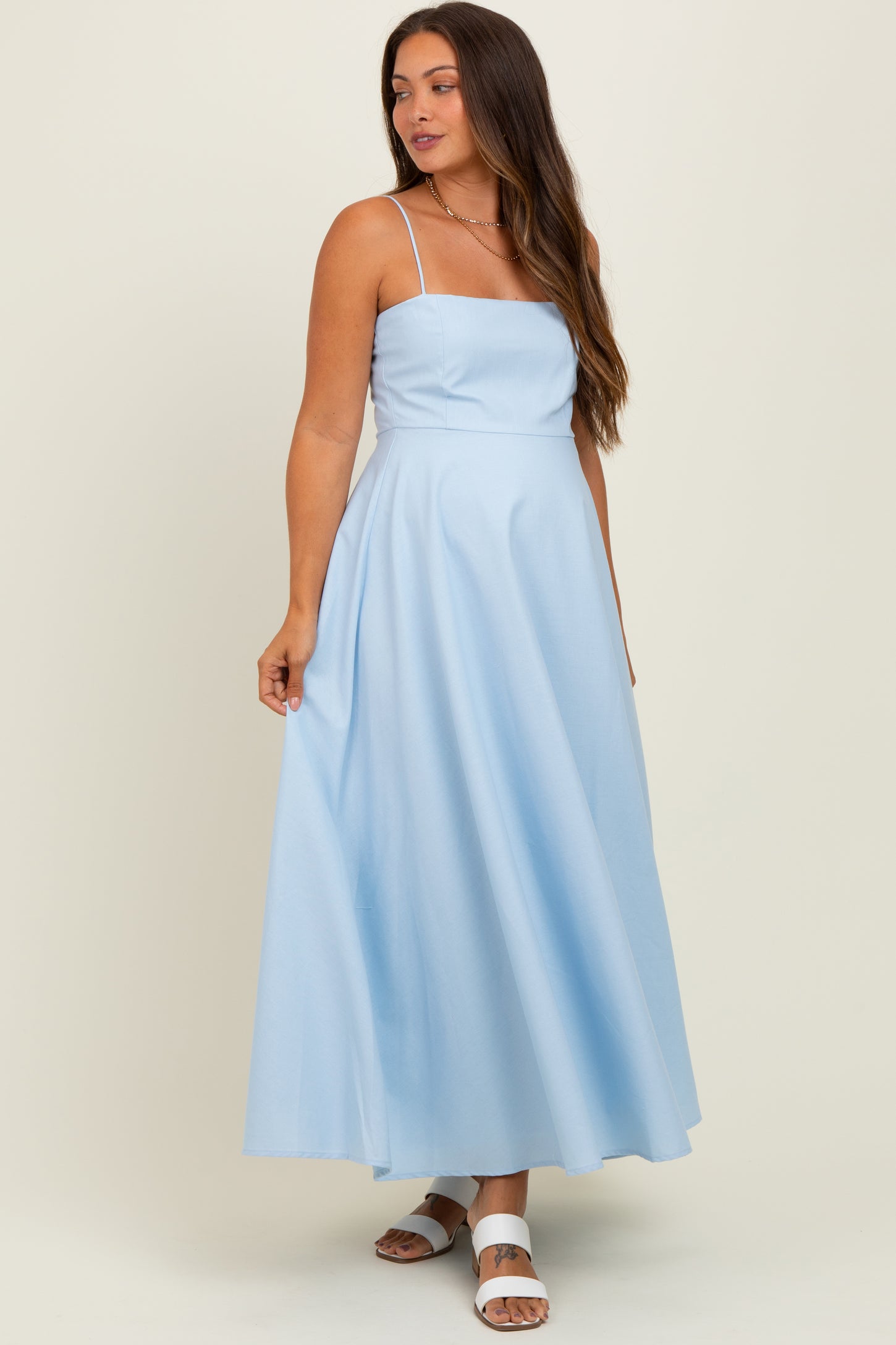 Light Blue Linen A-Line Flared Maternity Midi Dress