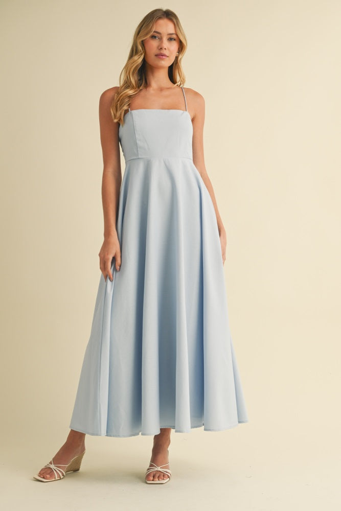 Light Blue Linen A-Line Flared Maternity Midi Dress