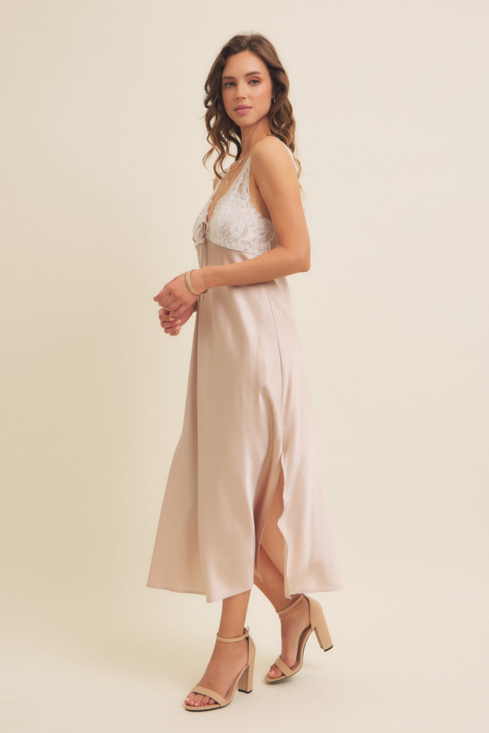 Beige Satin Lace Side Slit Slip Dress