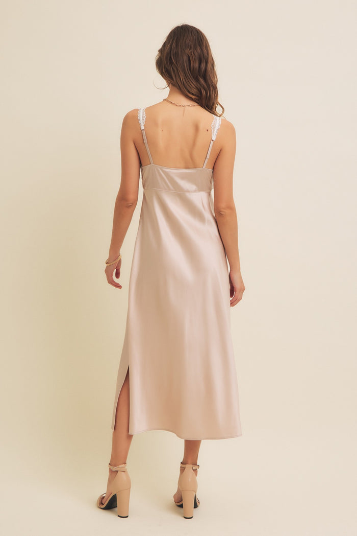 Beige Satin Lace Side Slit Slip Dress