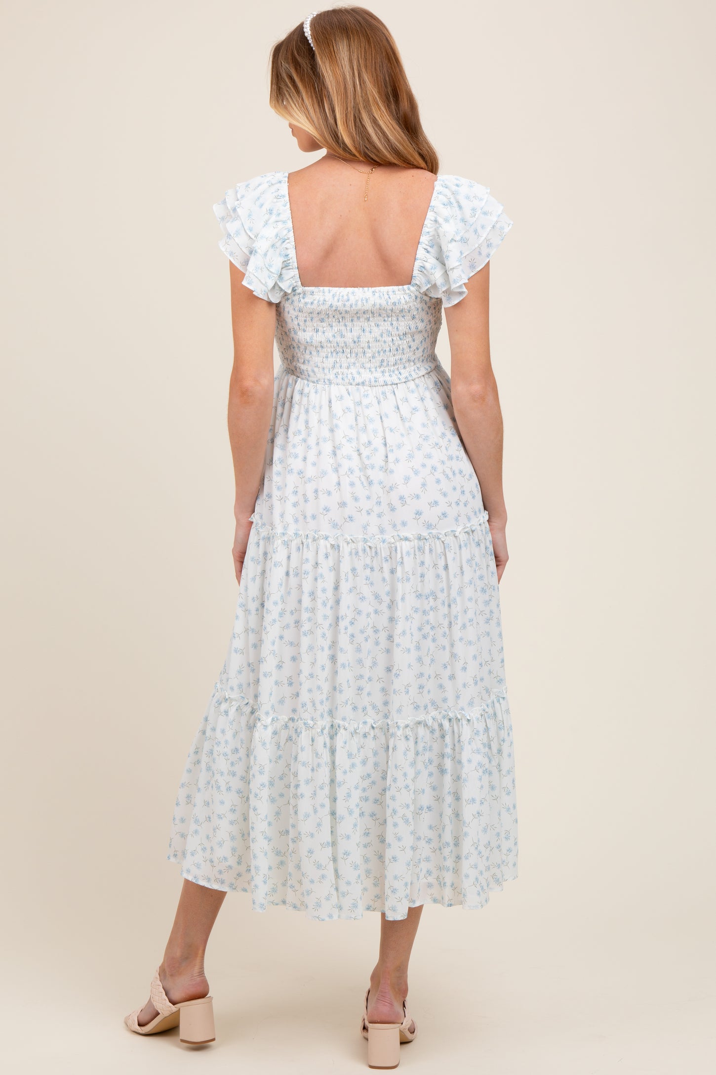 Light Blue Elegant Chiffon Floral Smocked Maternity Midi Dress