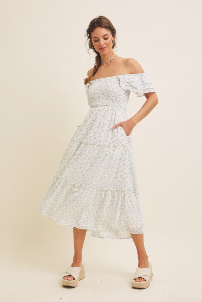 Light Blue Elegant Chiffon Floral Smocked Midi Dress