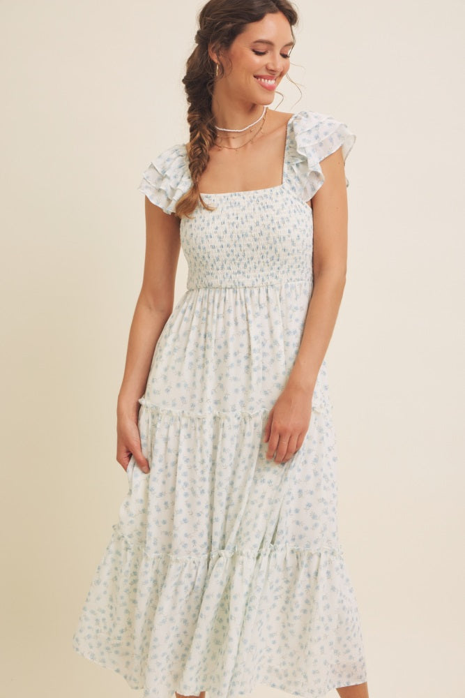 Light Blue Elegant Chiffon Floral Smocked Midi Dress