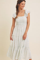 Light Blue Elegant Chiffon Floral Smocked Midi Dress