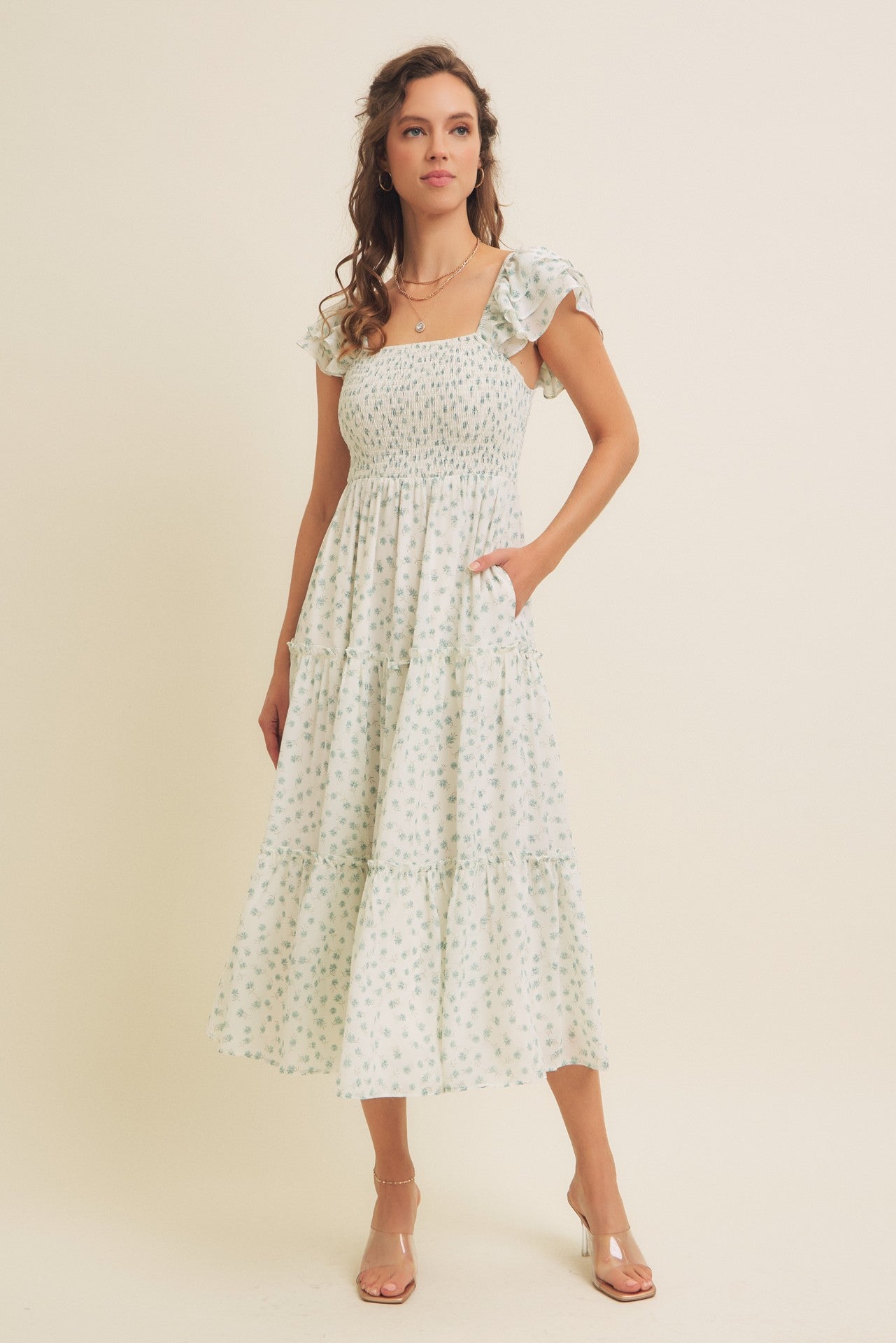 Jade Elegant Chiffon Floral Smocked Maternity Midi Dress
