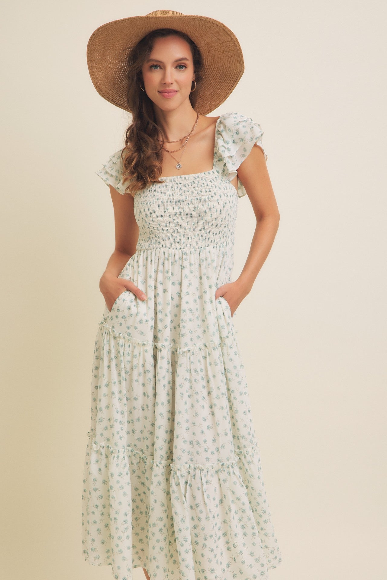 Jade Elegant Chiffon Floral Smocked Midi Dress