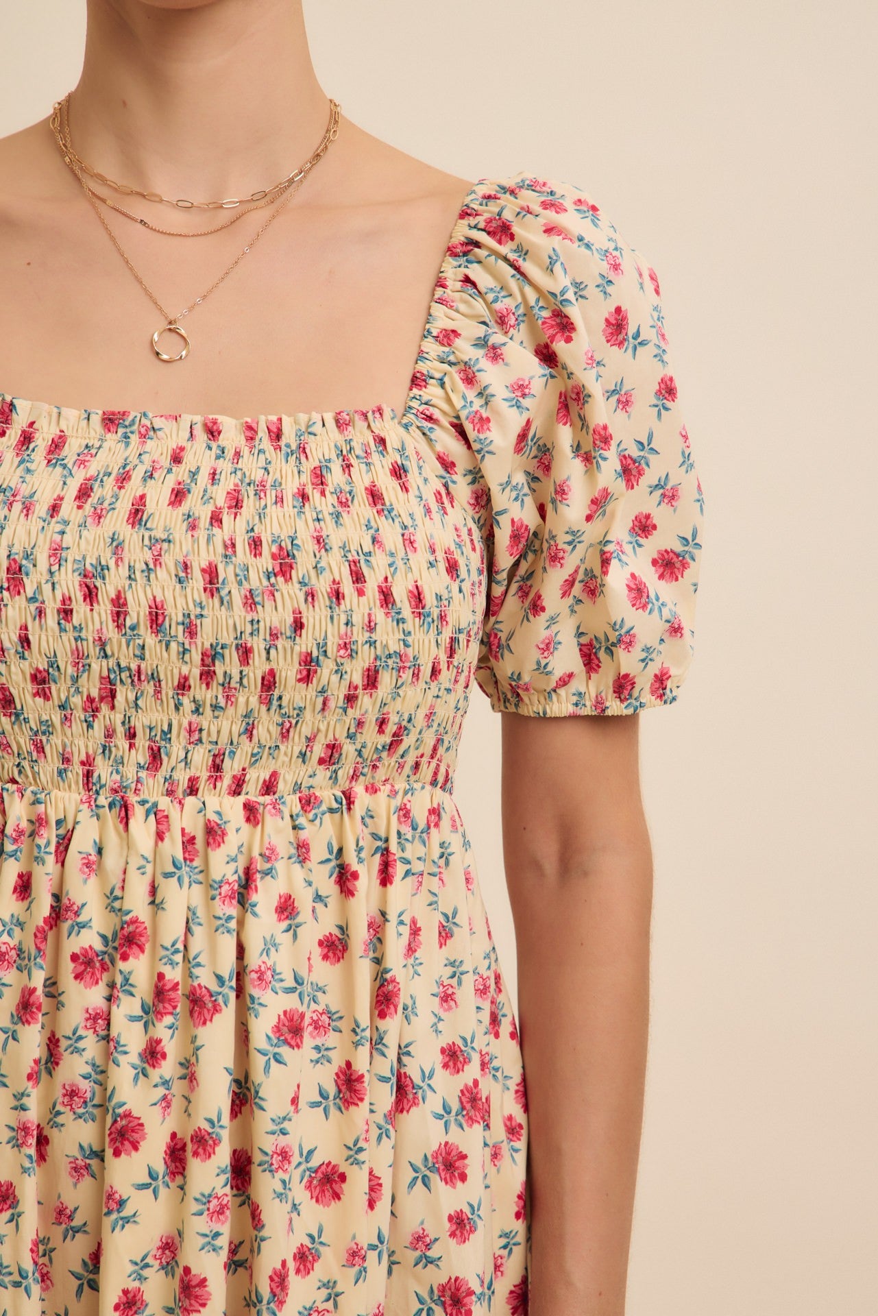 Cream Cotton Poplin Floral Smocked Midi Dress