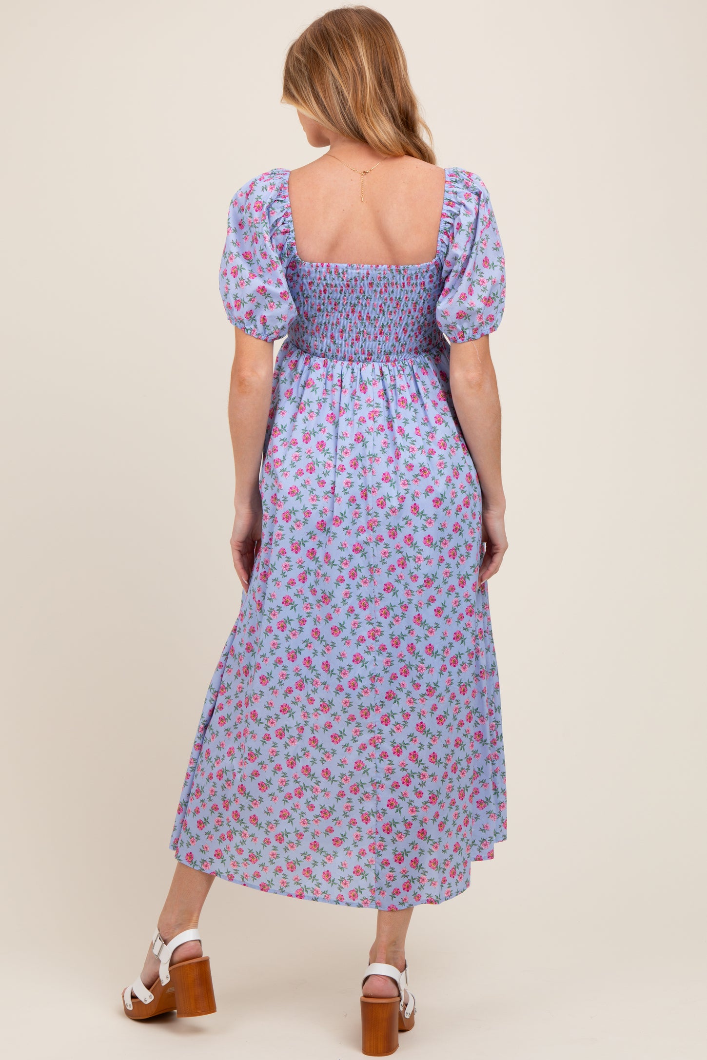 Light Blue Cotton Poplin Floral Smocked Maternity Midi Dress