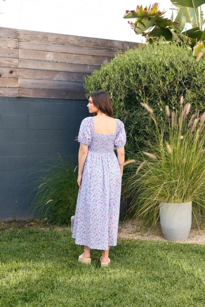 Light Blue Cotton Poplin Floral Smocked Midi Dress
