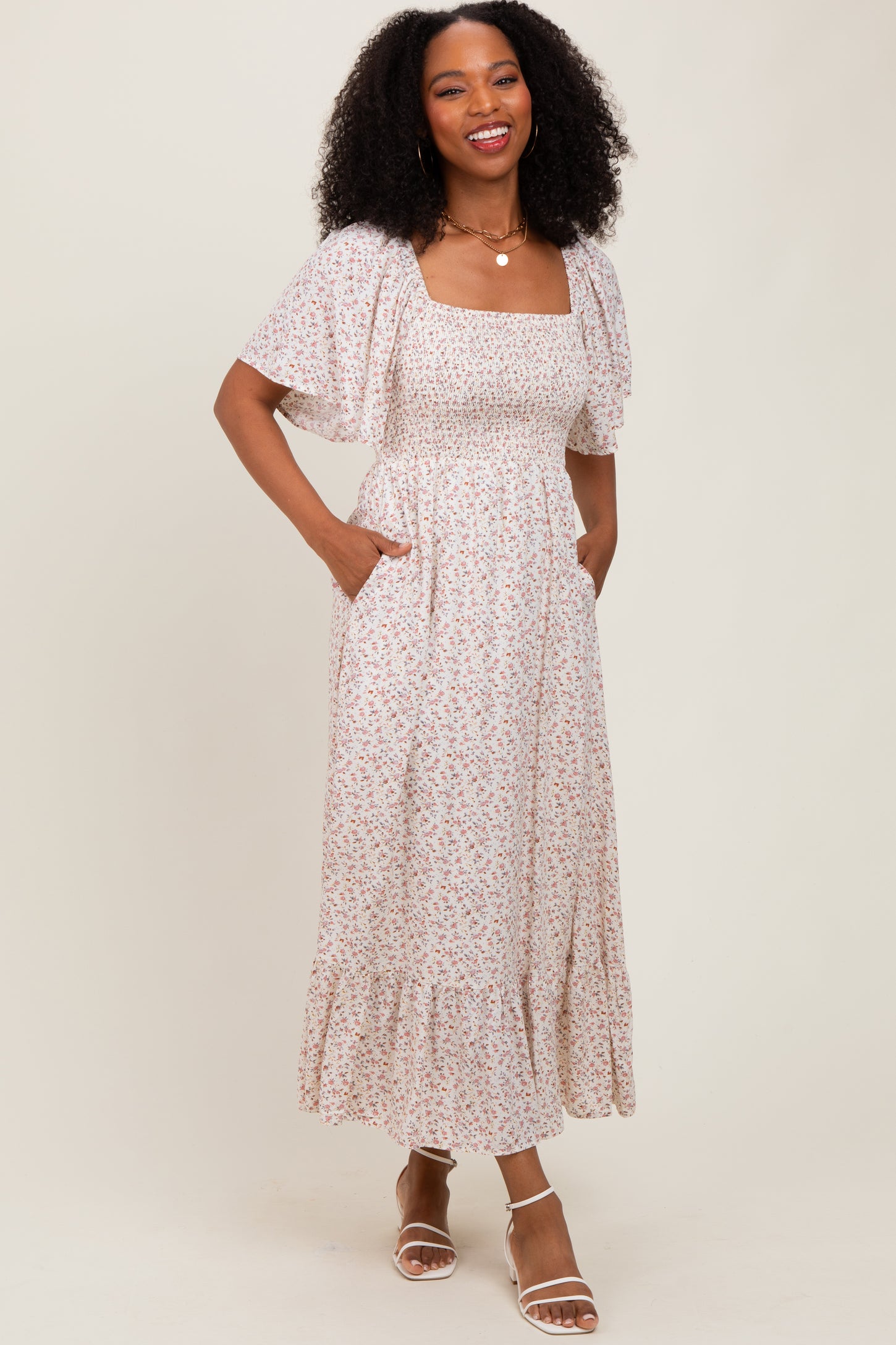 Cream Multi Ditsy Floral Smocked Maternity Midi Dress
