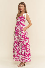 Fuchsia Bloom Floral Print Smocked Maternity Maxi Dress