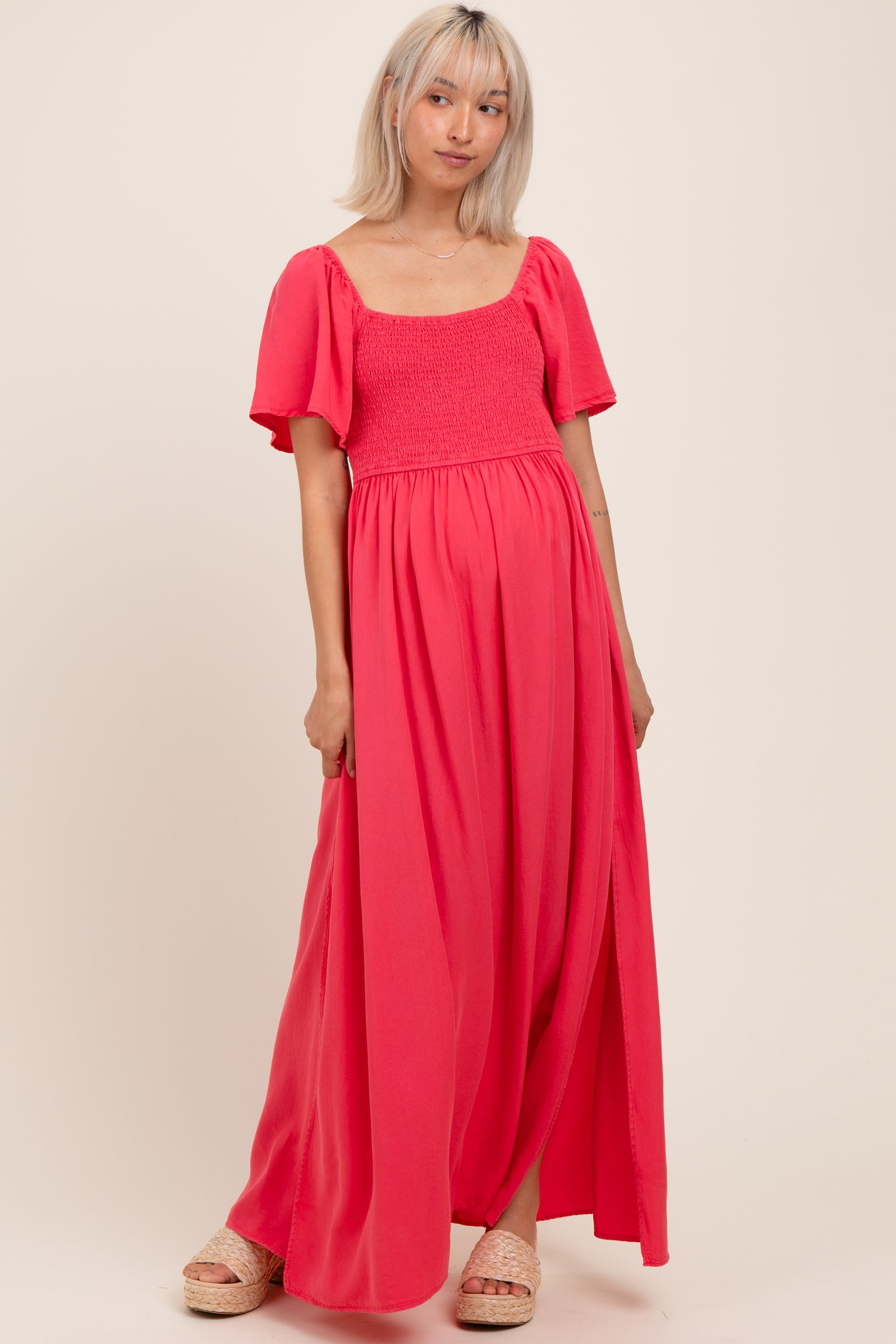 Coral Chambray Smocked Maternity Maxi Dress