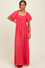 Coral Chambray Smocked Maxi Dress