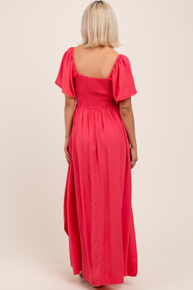 Coral Chambray Smocked Maternity Maxi Dress
