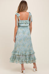 Mint Floral Chiffon Pleated Ruffle Maternity Midi Dress