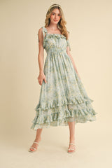 Mint Floral Chiffon Pleated Ruffle Midi Dress