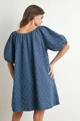 Navy Chambray Jacquard Puff Sleeve Mini Dress